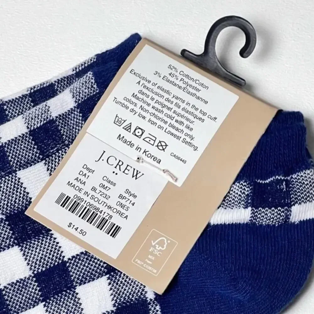 J.Crew Women's Ankle Gingham Blue and White Plaid Print Socks OS NWT